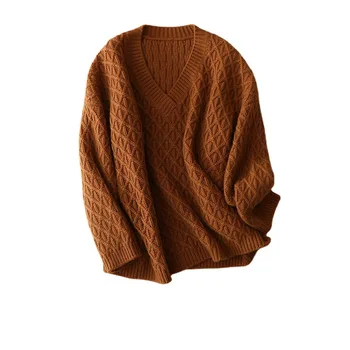 Осенний новый кашемировый свитер с V-образным вырезом, пуловер из объемного жаккарда в виде ромба, ленивый свободный толстый вязаный свитер